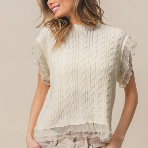 BiBi Layered Pleat Chiffon Edge Cable Knit Top