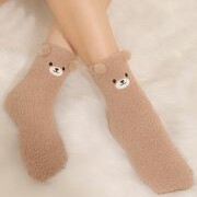 Pom Pom Decor Fuzzy Crew Socks - Brown - FD