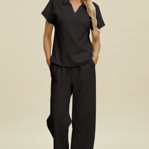 Double Take Full Size Collared Neck Short Sleeve Top and Pants Set