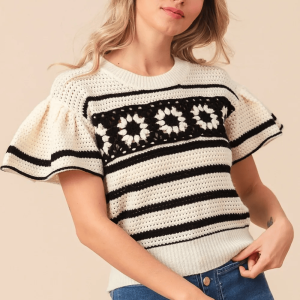 BiBi Granny Square Short Sleeve Striped Sweater