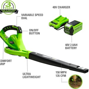 Greenworks 60V 610 CFM Cordless Leaf Blower, 2.5 Ah Battery and Rapid Charger