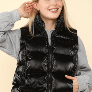 VERY J Shiny Metallic Zip Up Puffer Vest