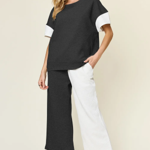 Double Take Full Size Texture Contrast T-Shirt and Wide Leg Pants Set