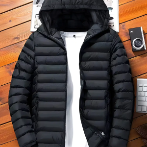 Men's Loose Solid Puffer Coat With Pockets, Casual Breathable Zip Up Long Sleeve Warm Hooded Jacket