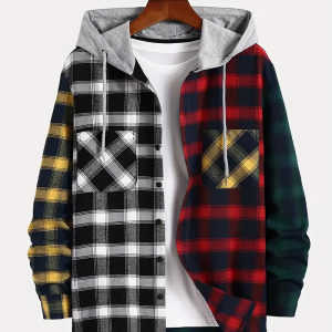 Trendy Color Block Checkered Hooded Sweatshirt - Men's Long Sleeve Gym Jacket with Button