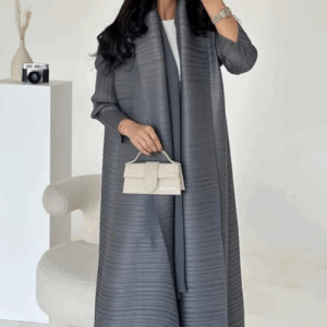 Adaa 13 - Horizontal Textured Deep Charcoal Grey Abaya