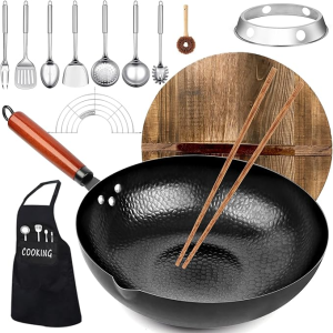 14 Piece Woks & Stir-Fry Pans Set with Wooden Lid Cook wares