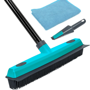 MAVRIZ Pet Hair Removal Rubber Broom with Squeegee Carpet Rake for Fluff Rug Silicone Broom