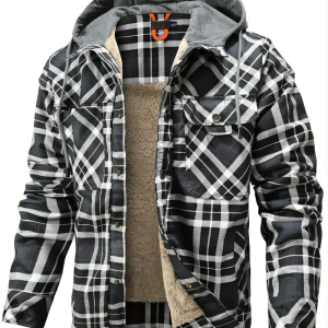 Men's Plaid Sherpa-Lined Hooded Jacket, Casual Style, Button Down Cozy Fleece Winter Coat, Warm Fash