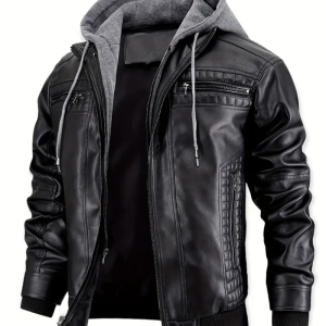 Men's 2-in-1 PU Leather Bomber Jacket with Zipper Pockets, Chic Biker Jacket