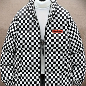 Men's Stylish Checkered Puffer Jacket with Pockets, Warm Winter Coat for City Walks and Outdoor Acti