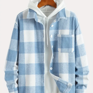 Men's Stylish Checkered Fleece Button-Up Jacket with Pockets, Long Sleeve for Outdoor Activities