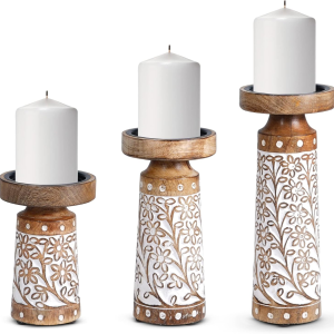 Hand Carved Mango Wood Candle Holders Set of 3