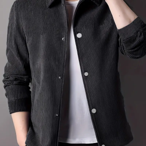 Men's Stylish Solid Corduroy Jacket, Casual Breathable Lapel Button Up Long Sleeve Jacket For Spring