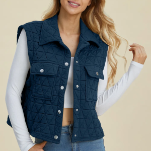 Double Take Full Size Pocketed Texture Snap Down Vest Coat