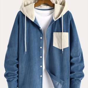 Vintage Style Men's Corduroy Button-Up Hooded Jacket