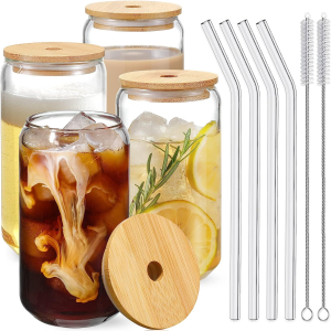 Drinking Glasses with Bamboo Lids and Glass Straw 4pcs Set