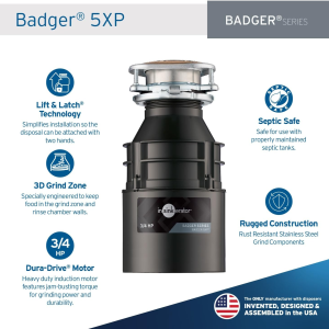 InSinkErator Badger 5XP Garbage Disposal, Standard Series 3/4 HP Continuous Feed Food Waste Disposer