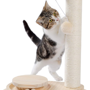 Tall Wood Ball Toy with 2-Level Track for Small Kittens, Natural Sisal Rope and Ball for Fun